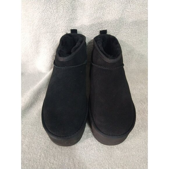 UGG Boots Womens 9 Black Suede Fur Classic Ultra Mini Platform Ankle Box - Picture 2 of 11